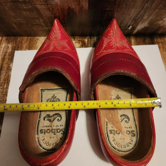 Antique Hand Carved Leather and Wood French Fabrique De Sabots Clog Shoes - Picture 10 of 10